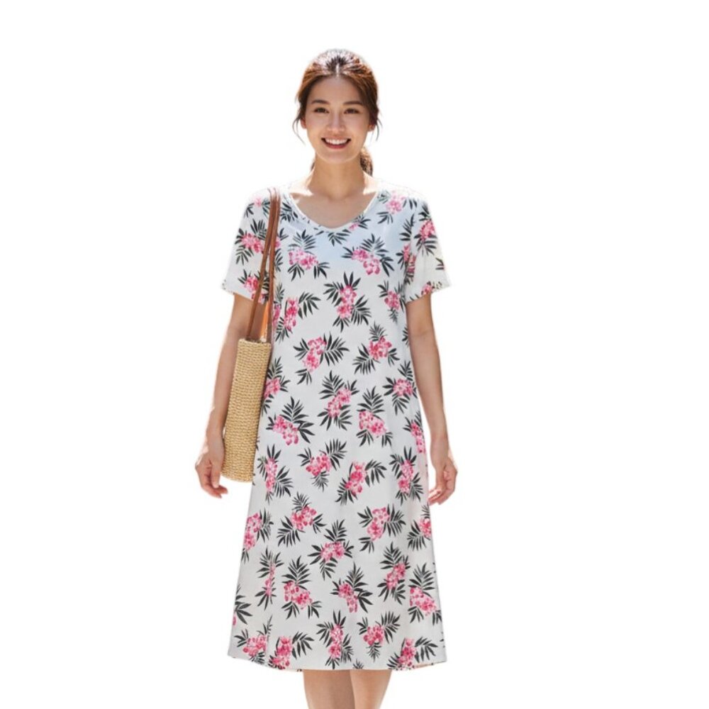 Lands' End Women's White Floral Short Sleeve Dress 1X NWOT